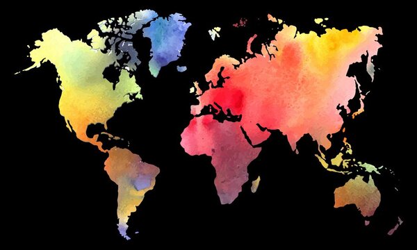 Slika zemljovid svijeta u akvarelnom dizajnu na crnoj podlozi