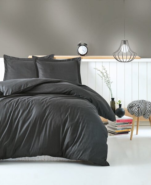 Tamno siva posteljina i plahta za bračni krevet Stripe, 200 x 220 cm