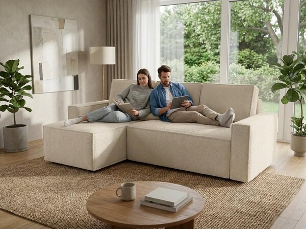 Razvlačna kutna garnitura L SMART BOUCLE 232x143 cm, krem, univerzalna