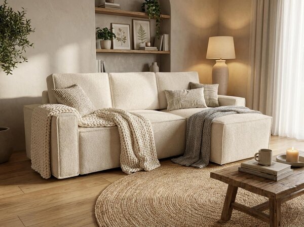 Razvlačna kutna garnitura L SMART BOUCLE 232x143 cm, krem, univerzalna