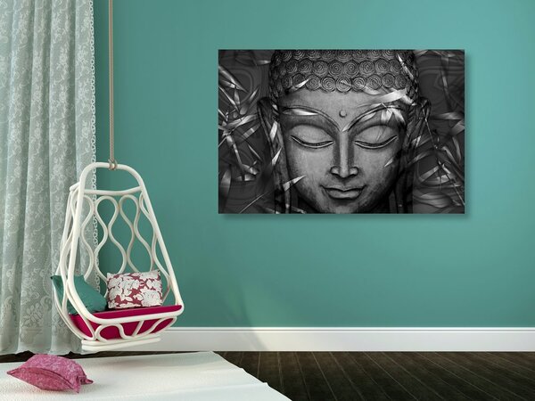 Slika Buddha s osmijehom na lice u crno-bijelom dizajnu