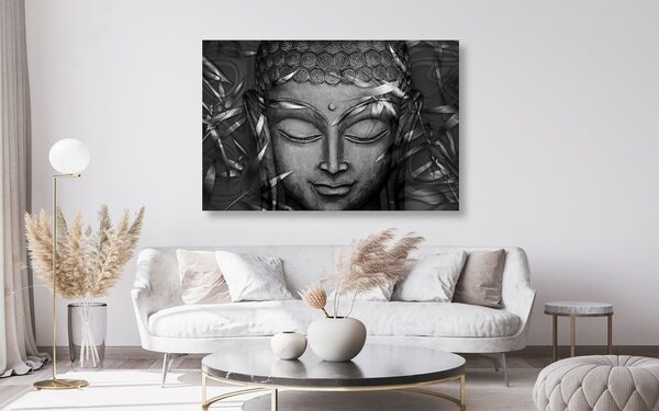 Slika Buddha s osmijehom na lice u crno-bijelom dizajnu