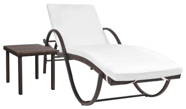 VidaXL Ležaljka za sunčanje s jastukom i stolom poliratan smeđa