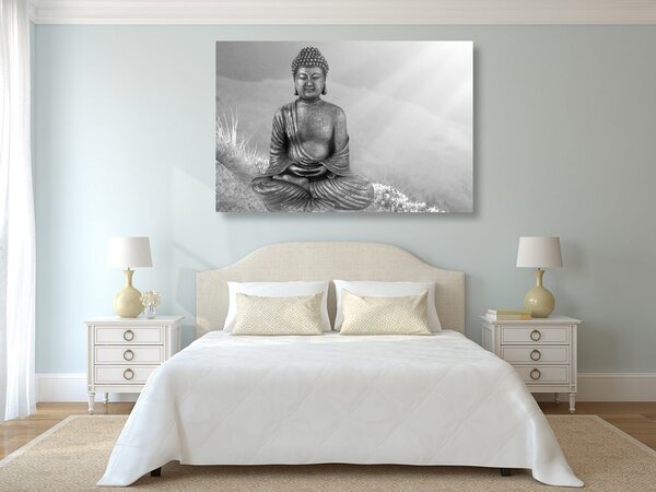 Slika kip Buddhe u meditacijskom položaju u crno-bijelom dizajnu