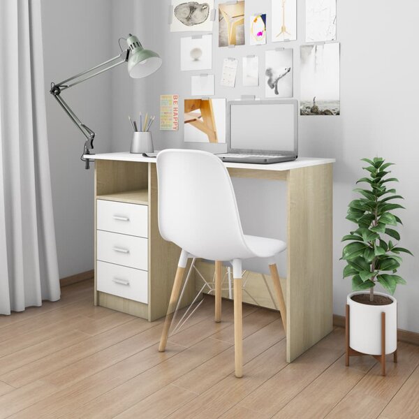 VidaXL Radni stol s ladicama bijeli i boja hrasta 110x50x76 cm iverica