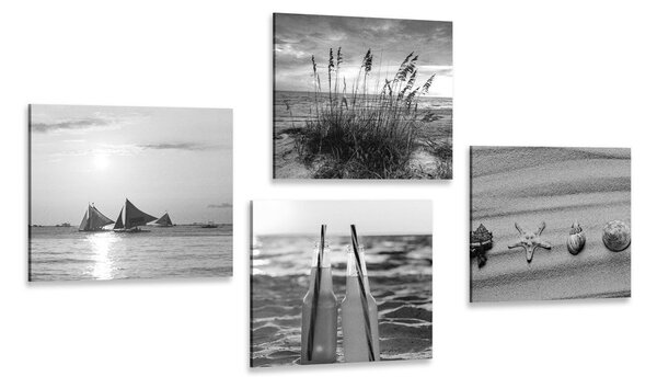 Set slika more i plaža u crno-bijelom dizajnu