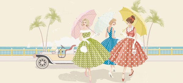 Tapeta retro dame s kišobranima