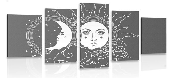 5-dijelna slika crno-bijela harmonija sunca i mjeseca