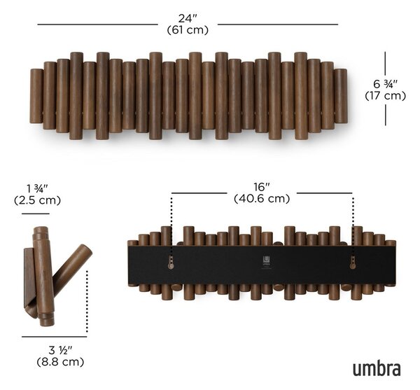 Tamno smeđa zidna vješalica od masivnog bora 61 cm Picket – Umbra