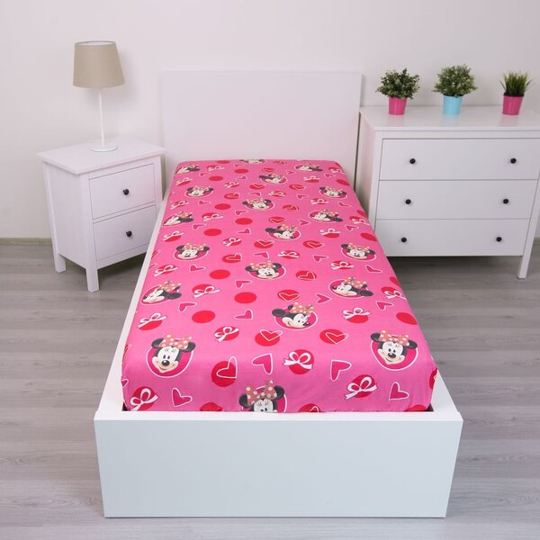 Ružičasta pamučna dječja plahta s gumom 90x200 cm Minnie "Hearts" – Jerry Fabrics