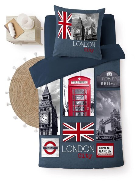 Tamno plava pamučna posteljina za krevet za jednu osobu 140x200 cm City London – douceur d'intérieur