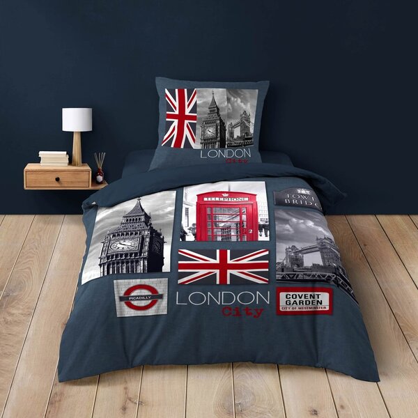 Tamno plava pamučna posteljina za krevet za jednu osobu 140x200 cm City London – douceur d'intérieur