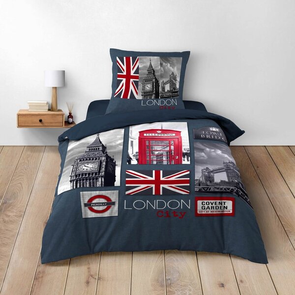 Tamno plava pamučna posteljina za krevet za jednu osobu 140x200 cm City London – douceur d'intérieur
