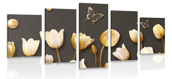 5-dijelna slika tulipani sa zlatnim motivom