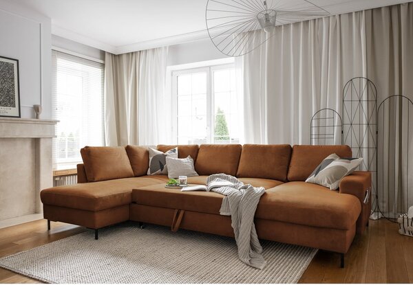 Narančasta/smeđa sklopiva kutna garnitura od samta (s lijevim kutom) Lofty Lilly – Miuform