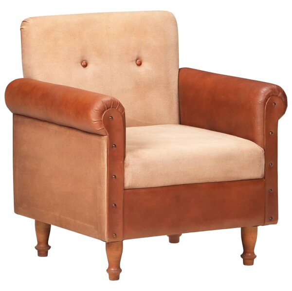 VidaXL Zaobljena fotelja od prave kože i platna smeđa