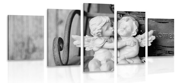 5-dijelna slika kipići anđelića na klupi u crno-bijelom dizajnu