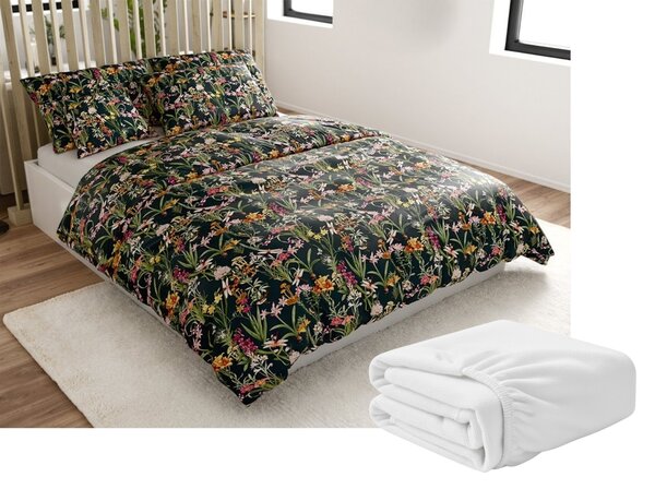 Set posteljine od mikropliša MYSTIC GARDEN tamno zelena + plahta od mikroplyša SOFT 90x200 cm bijela, jednokrevetno
