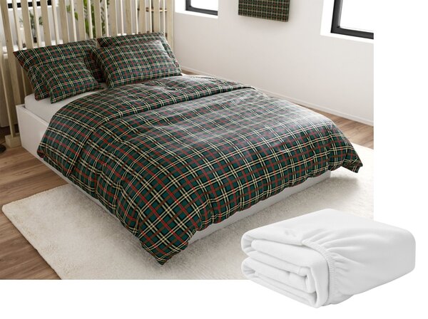Set posteljine od mikroplyša GLENMOORE zelena + plahta od mikroplyša SOFT 90x200 cm bijela, za jedan krevet