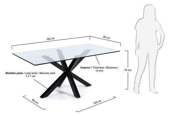 Blagovaonski stol sa staklenom pločom i crnim postoljem Kave Home, 160 x 90 cm