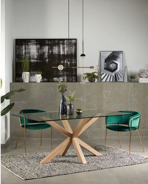 Stakleni blagavaonski stol s podstoljem od prirodnog drveta Kave Home, 160 x 90 cm