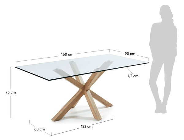 Stakleni blagavaonski stol s podstoljem od prirodnog drveta Kave Home, 160 x 90 cm