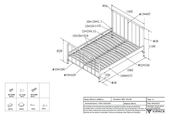 Crni metalni krevet s podnicom 140x200 cm BRONXX – Vipack