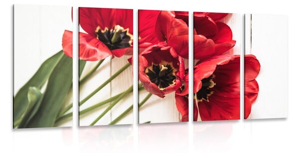 5-dijelna slika rascvjetani crveni tulipani