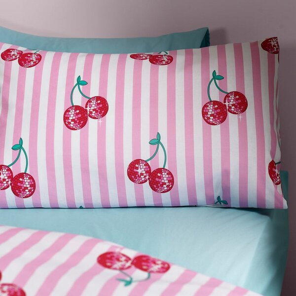Bijela/ružičasta posteljina za krevet za jednu osobu 135x200 cm Disco Cherries Stripes – Catherine Lansfield