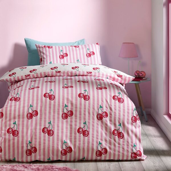 Bijela/ružičasta posteljina za krevet za jednu osobu 135x200 cm Disco Cherries Stripes – Catherine Lansfield