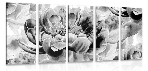 5-dijelna slika božuri u crno-bijelom dizajnu