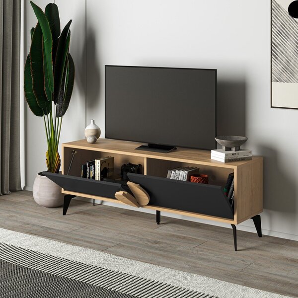 Crna/u prirodnoj boji TV komoda u dekoru hrasta 140x51 cm Vae – Marckeric