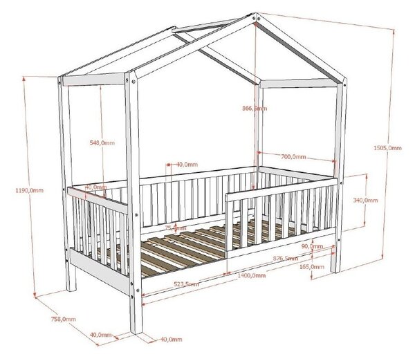 Bijeli dječji krevet od masivnog bora u obliku kućice s podnicom 70x140 cm DALLAS – Vipack