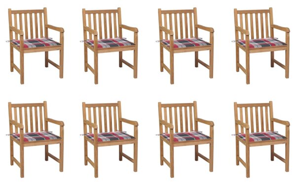 VidaXL Vrtne stolice s crvenim kariranim jastucima 8 kom od tikovine