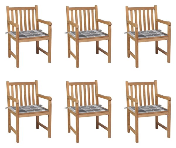 VidaXL Vrtne stolice sa sivim kariranim jastucima 6 kom od tikovine