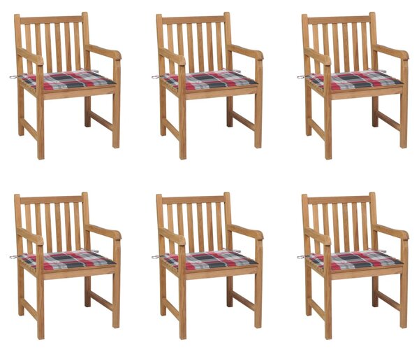 VidaXL Vrtne stolice s crvenim kariranim jastucima 6 kom od tikovine