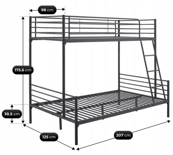 JAKS Metalni krevet na kat crni 90/120 × 200 cm Tres 2u1