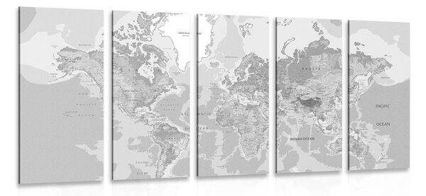 5-dijelna slika klasičan zemljovid svijeta u crno-bijelom dizajnu