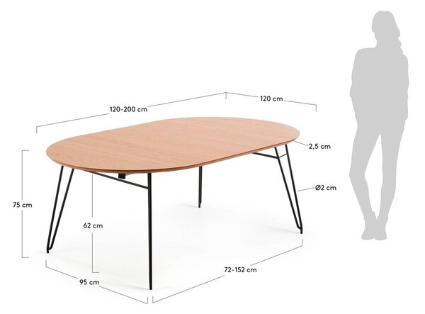 Blagovaonski stol na razvlačenje s hrastovom pločom Kave Home Novaks, ø 120 cm