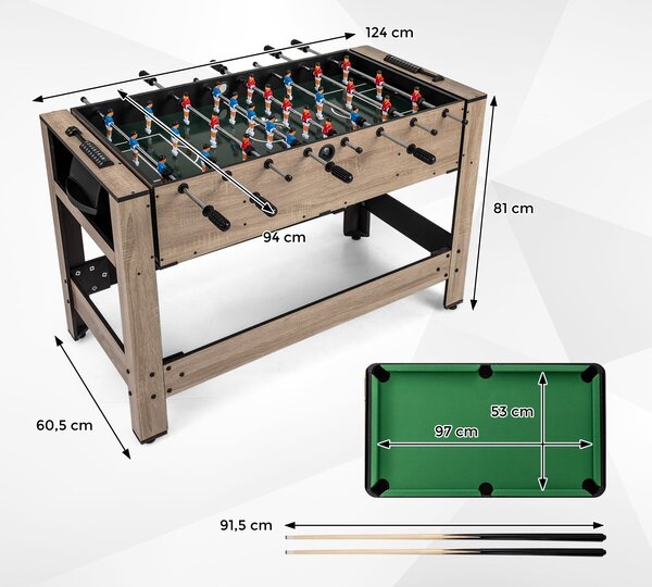 2 u 1 rotirajući stol za igru ​​124 cm, set stolova za stolni nogomet i bilijar za tinejdžere, smeđi