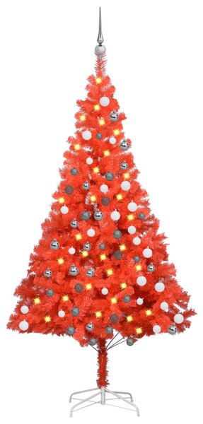 VidaXL Umjetno osvijetljeno božićno drvce s kuglicama crveno 180cm PVC