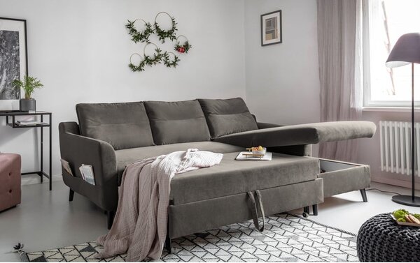 Tamnosiva baršunasta kutna garnitura na razvlačenje Miuform Stylish Stan, desni kut