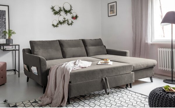 Tamnosiva baršunasta kutna garnitura na razvlačenje Miuform Stylish Stan, desni kut