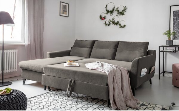 Tamnosiva baršunasta kutna garnitura na razvlačenje Miuform Stylish Stan, lijevi kut