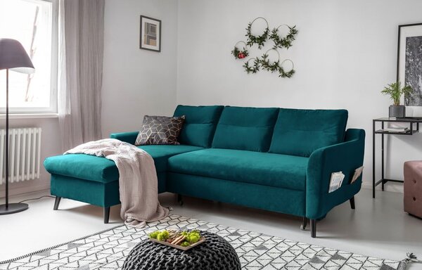 Tirkizna baršunasta kutna garnitura na razvlačenje Miuform Stylish Stan, lijevi kut