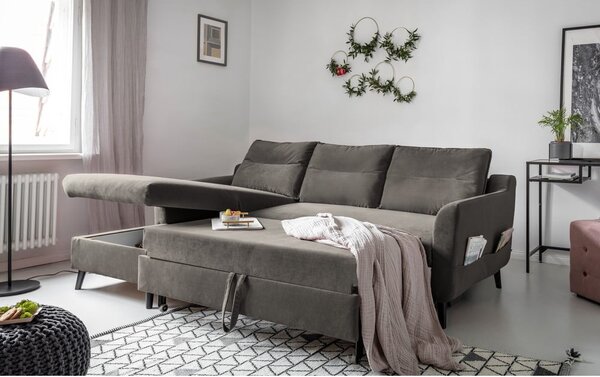 Tamnosiva baršunasta kutna garnitura na razvlačenje Miuform Stylish Stan, lijevi kut