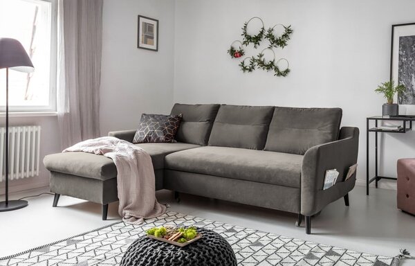 Tamnosiva baršunasta kutna garnitura na razvlačenje Miuform Stylish Stan, lijevi kut
