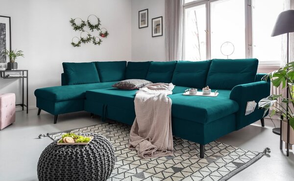 Tirkizna baršunasta kutna garnitura u obliku slova U Miuform Stylish Stan, lijevi kut