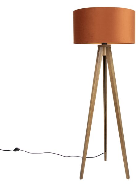 Drvena podna svjetiljka s narančastim sjenilom i zlatnom unutrašnjosti 50 cm - Tripod Classic