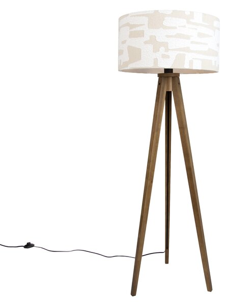 Drvena podna svjetiljka s bež i bijelim prugastim sjenilom 50 cm - Tripod Classic